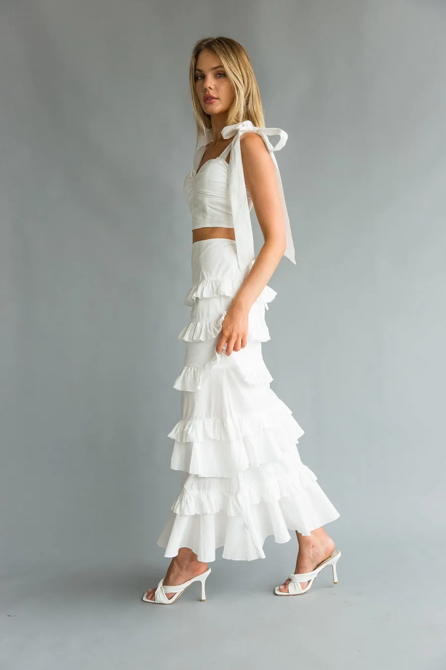 Dawn Bow Strap Bustier Top   Tiered Ruffle Skirt Set photo fit