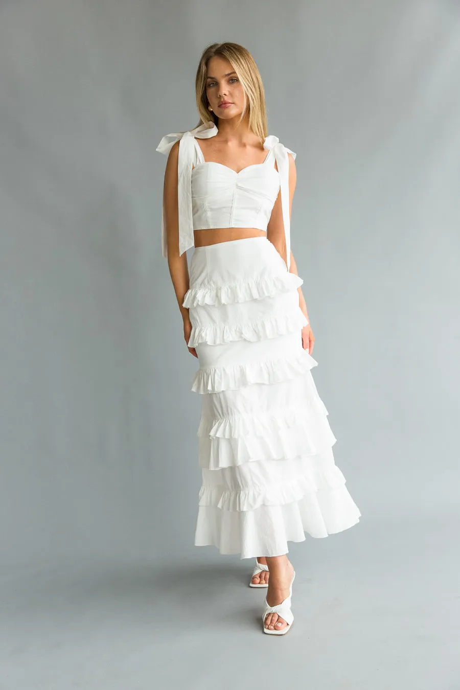 Dawn Bow Strap Bustier Top   Tiered Ruffle Skirt Set photo fit