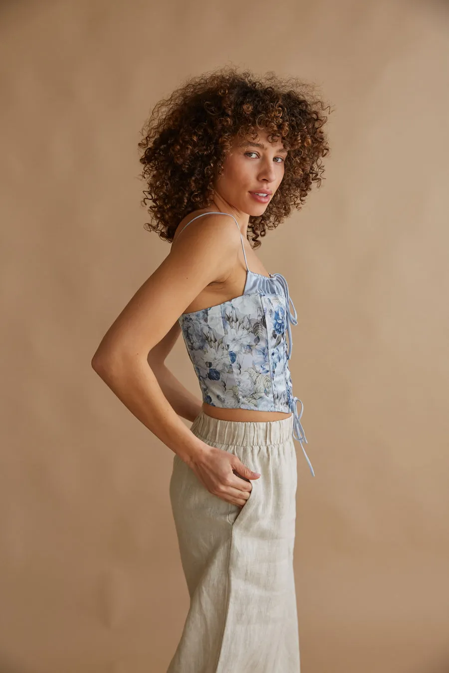Delphine Lace Up Floral Satin Corset Top travel ready