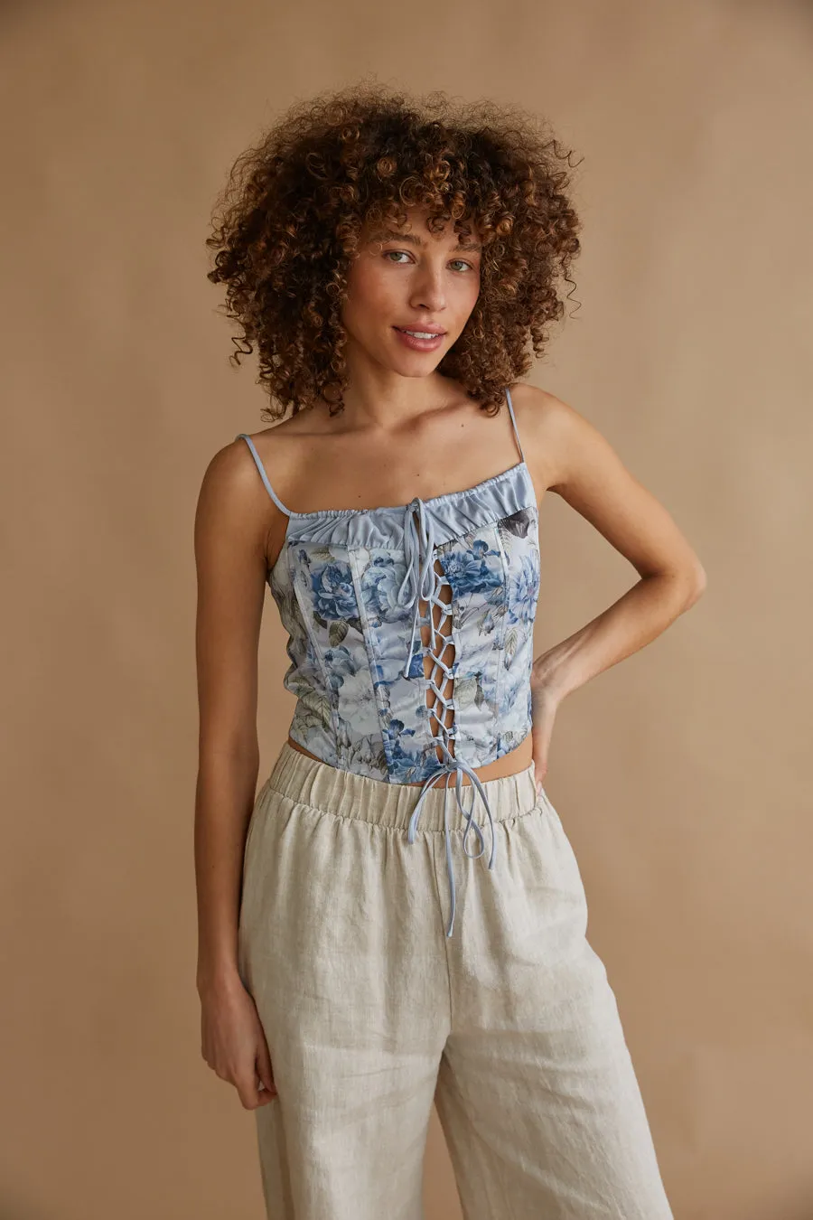 Delphine Lace Up Floral Satin Corset Top travel ready