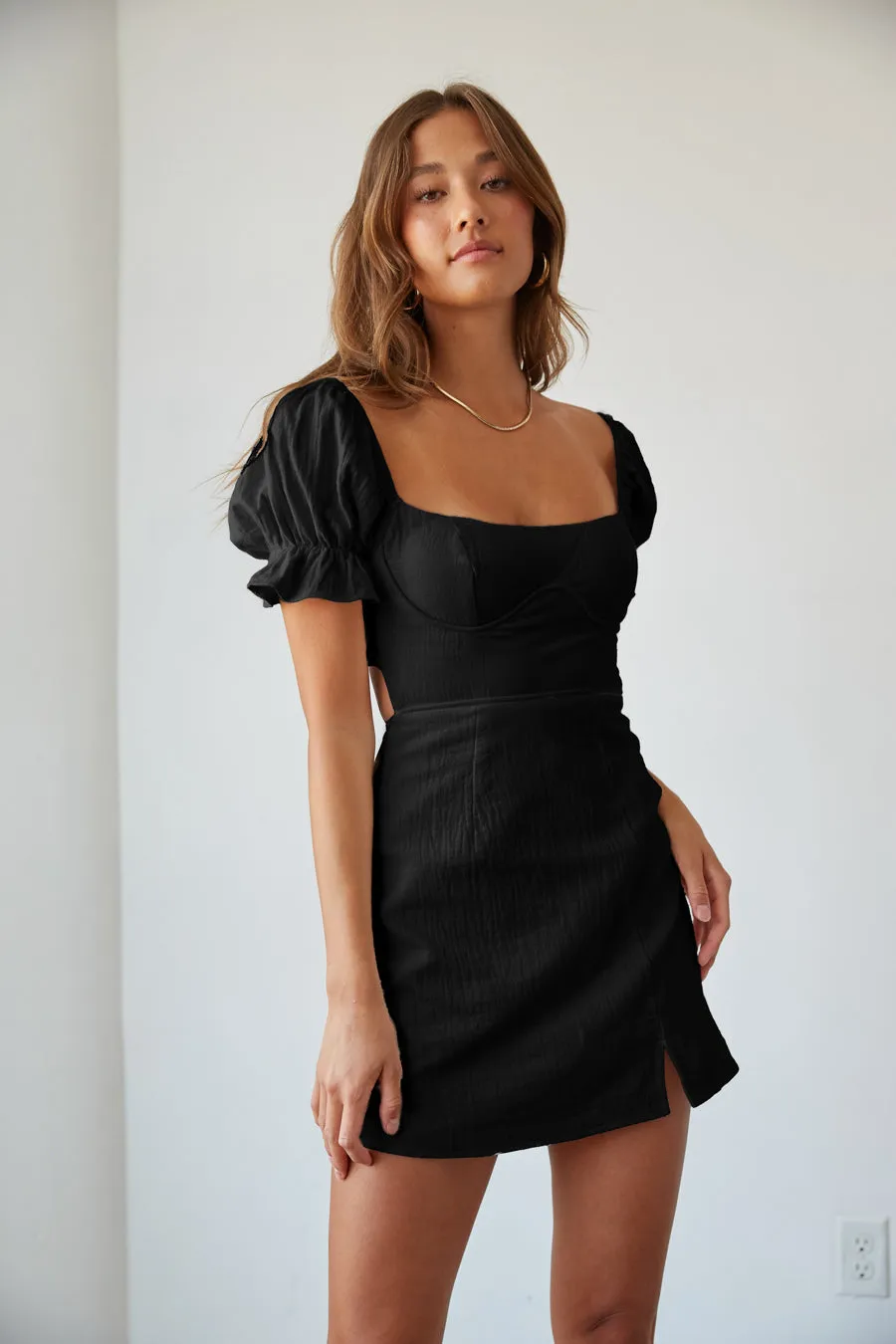 Drew Puff Sleeve Corset Linen Mini Dress party snap