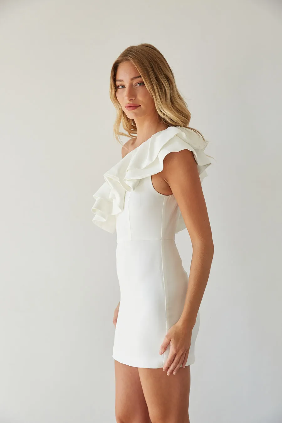 Edith One Shoulder Ruffle Mini Dress pack light