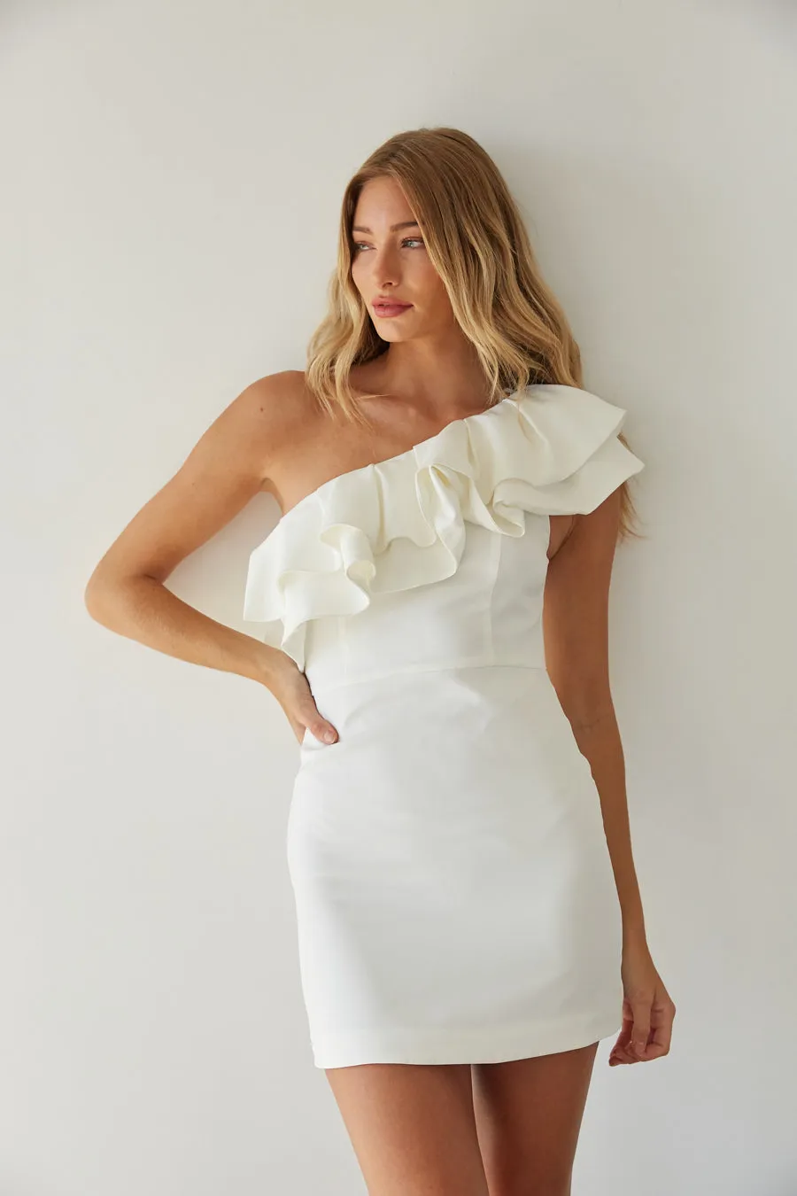 Edith One Shoulder Ruffle Mini Dress pack light