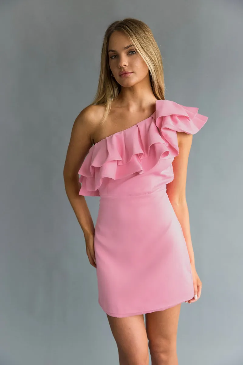 Edith One Shoulder Ruffle Mini Dress pack light