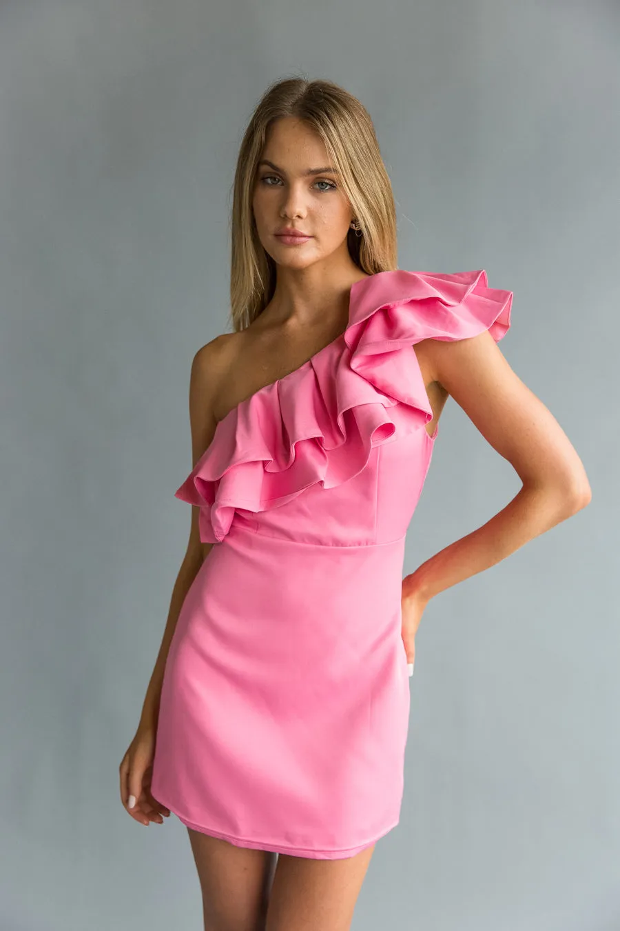 Edith One Shoulder Ruffle Mini Dress pack light