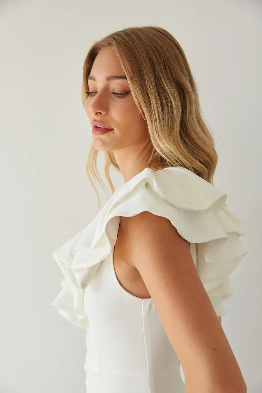 Edith One Shoulder Ruffle Mini Dress pack light
