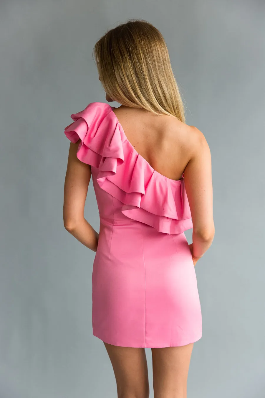 Edith One Shoulder Ruffle Mini Dress pack light