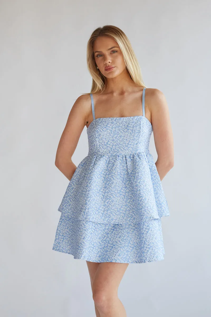 Eileen Floral Jacquard Tiered Babydoll Mini Dress daily look