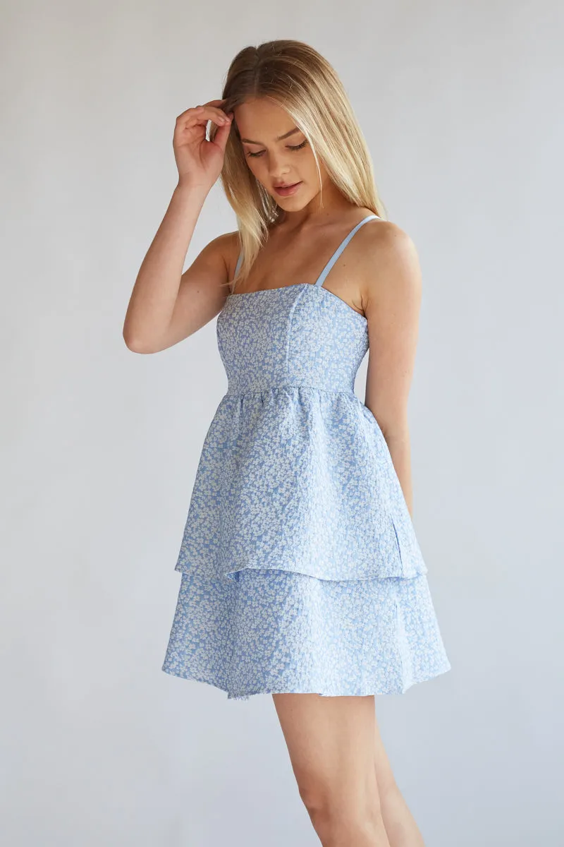 Eileen Floral Jacquard Tiered Babydoll Mini Dress daily look