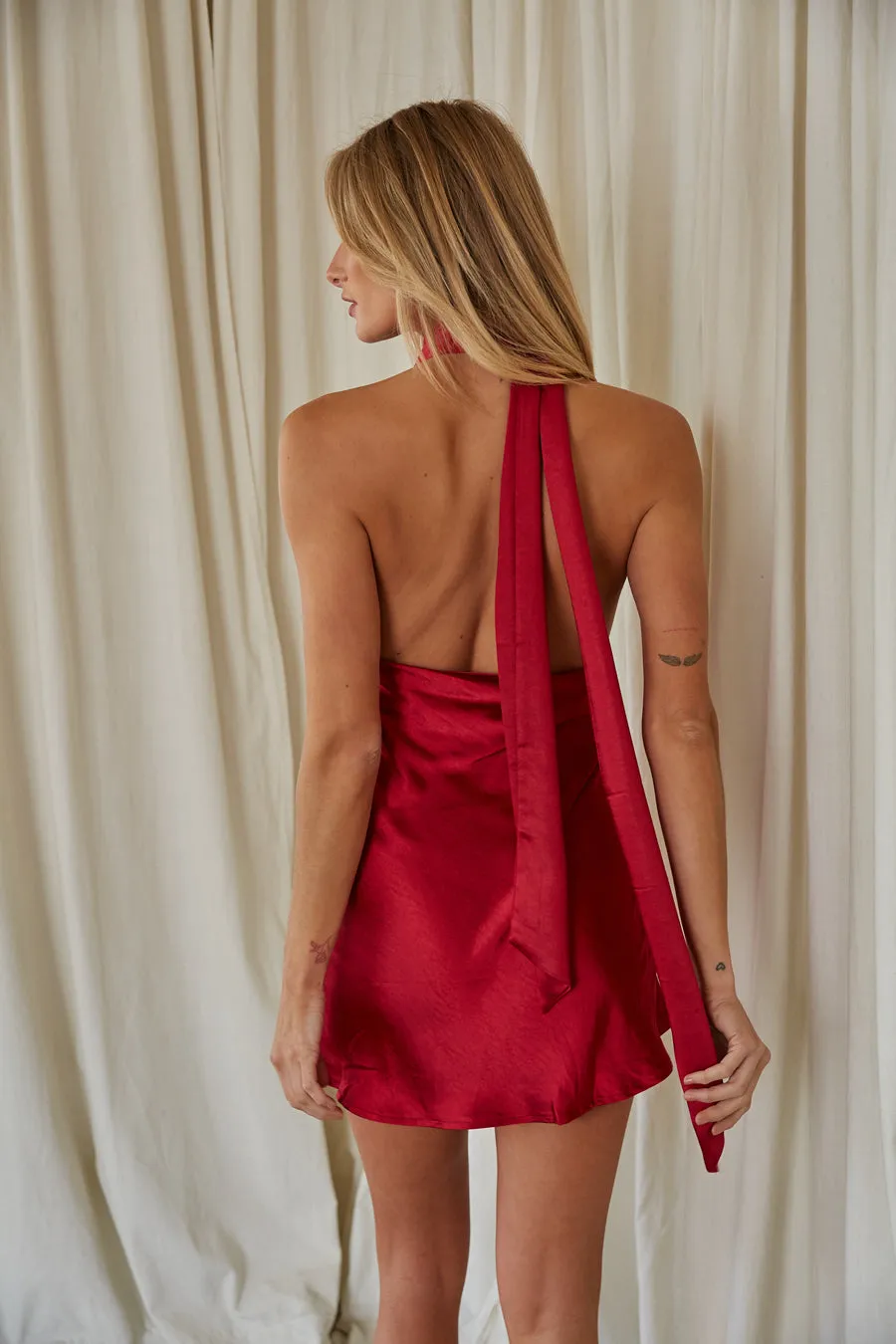 Ember Halter Neck Satin Mini Dress long lean