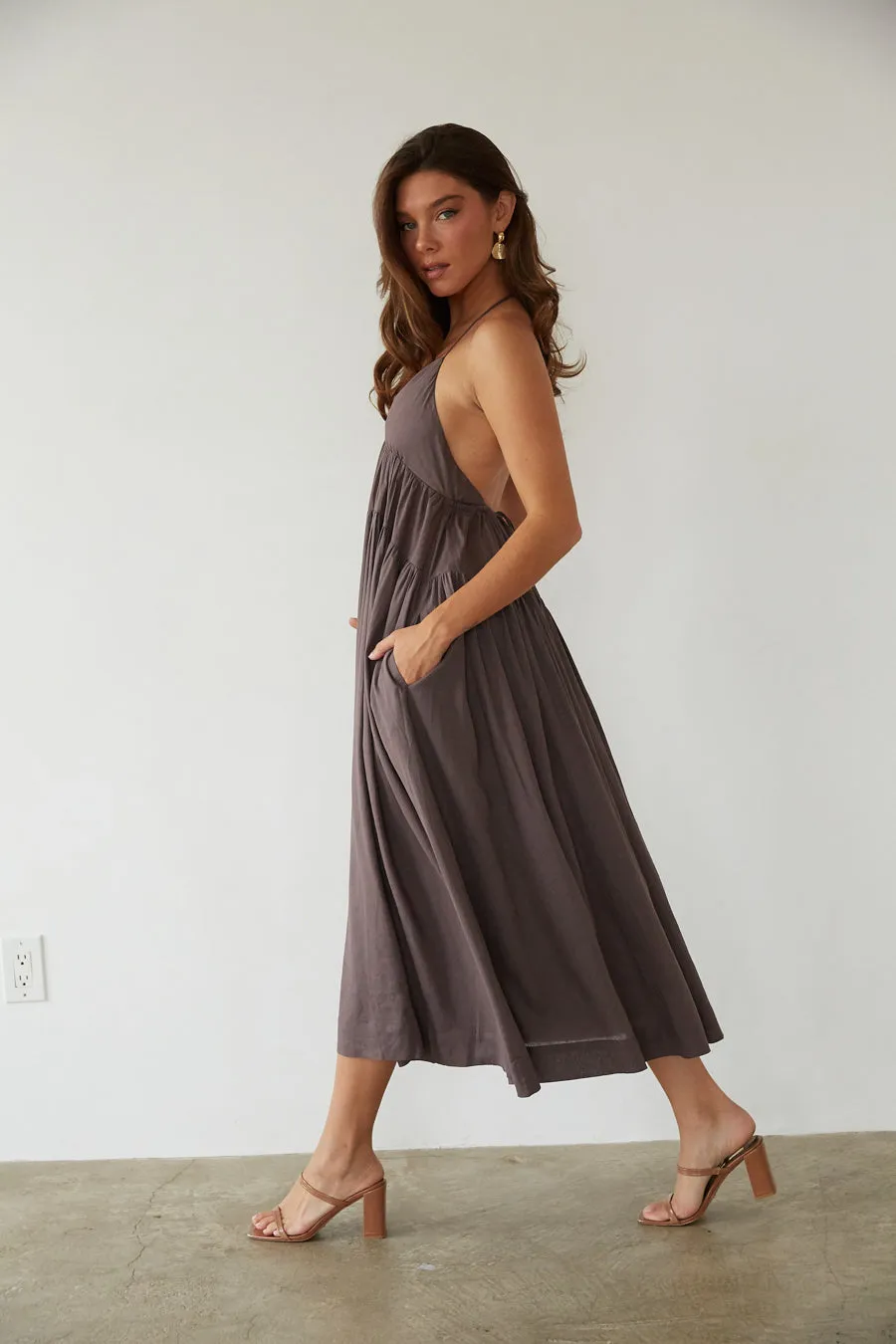 Ester Tiered Linen Midi Dress tie ribbon