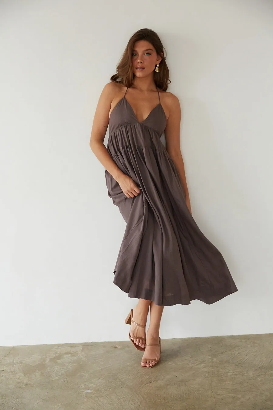 Ester Tiered Linen Midi Dress tie ribbon