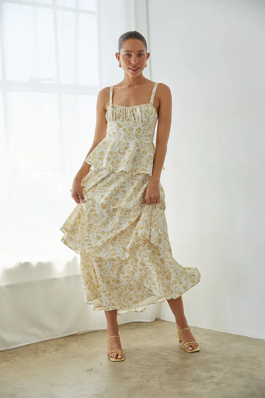 Everlee Bustier Tiered Maxi Dress pure tone