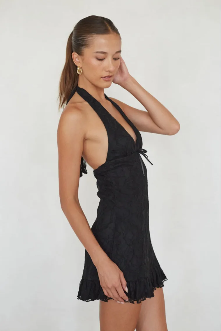 Fleur Lace Halter Ruffled Mini Dress stone beige