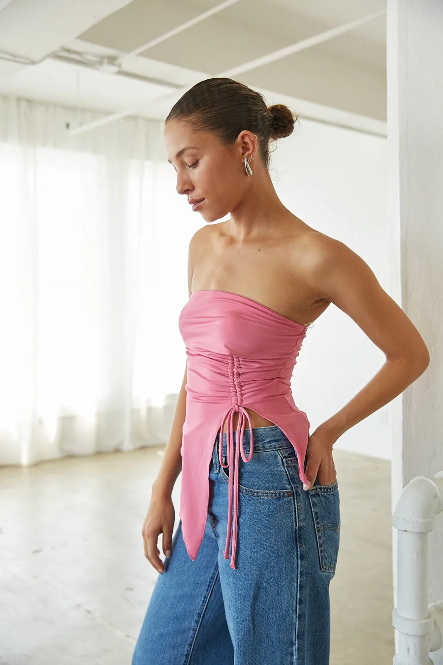 Gia Asymmetrical Cinch Tube Top feel cute