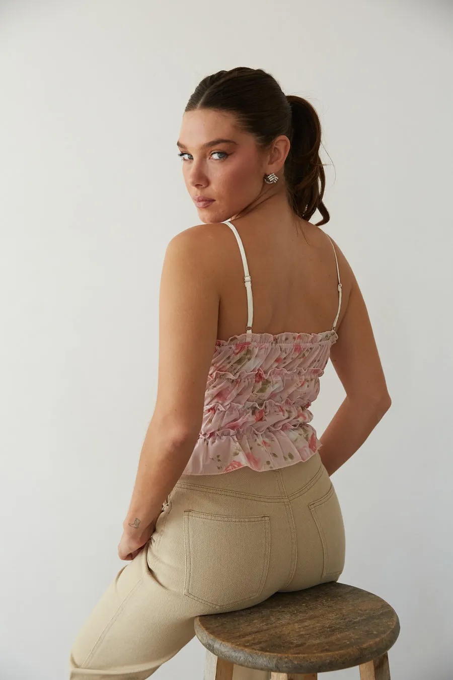Gianna Floral Chiffon Smocked Top olive air