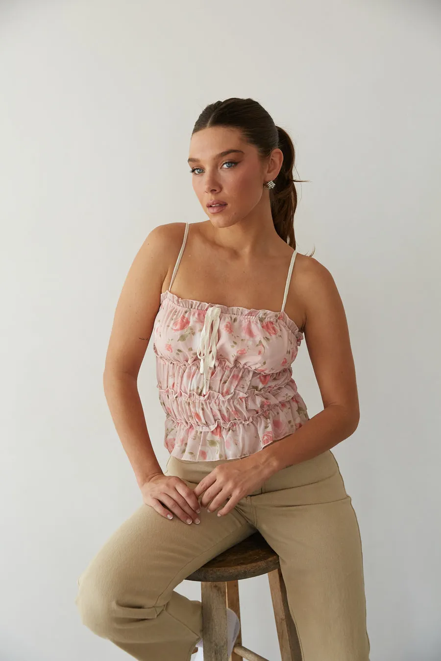 Gianna Floral Chiffon Smocked Top olive air