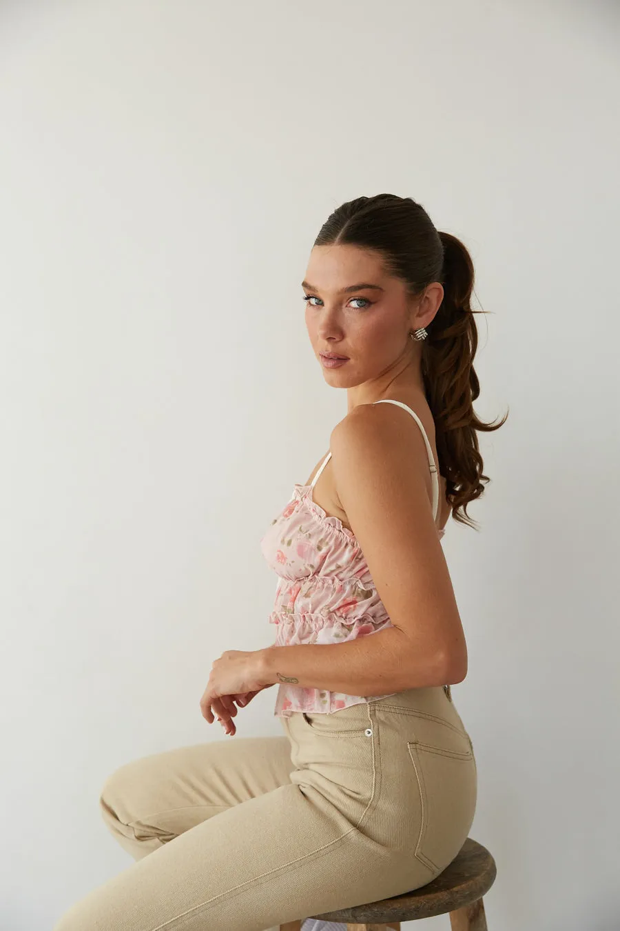 Gianna Floral Chiffon Smocked Top olive air