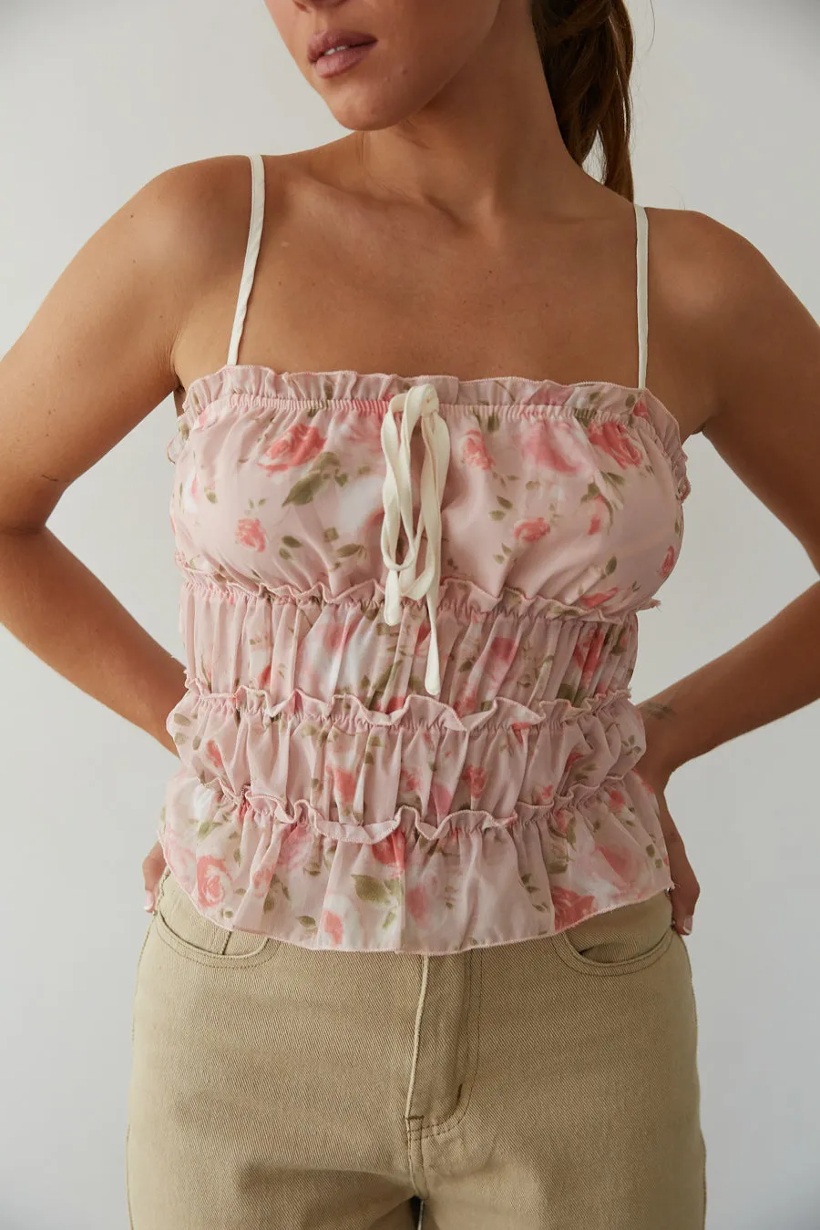 Gianna Floral Chiffon Smocked Top olive air