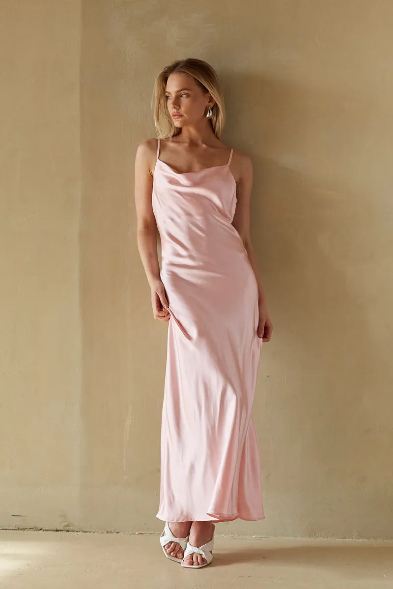 Giselle Satin Cowl Neck Maxi Dress sunset view