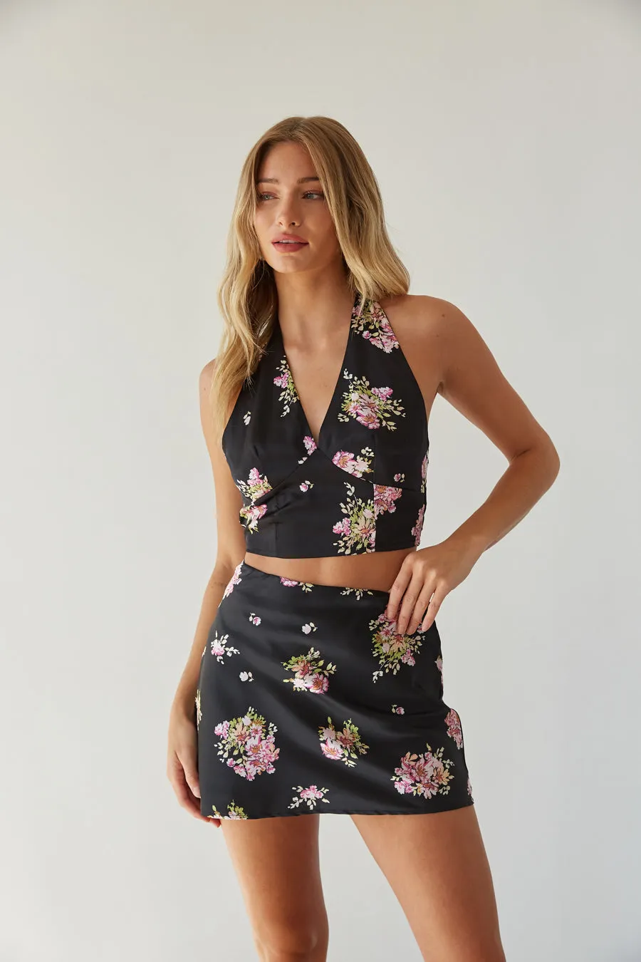 Glora Satin Floral Halter Top silk touch