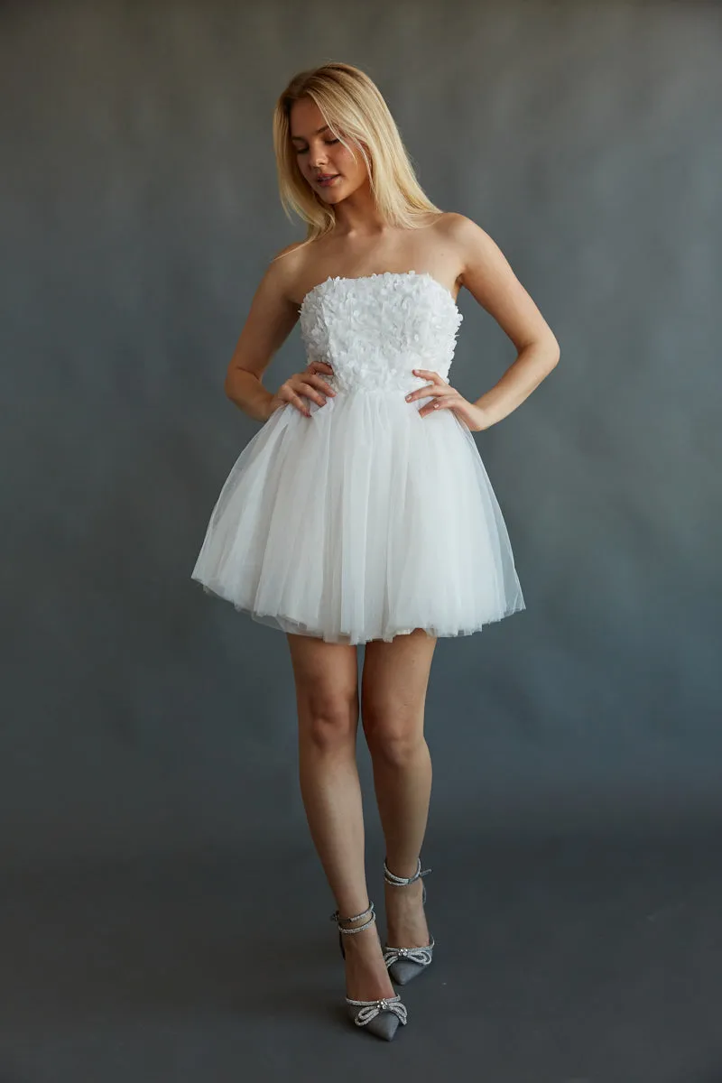 Grace Strapless Floral Applique Tulle Babydoll Mini Dress night glow