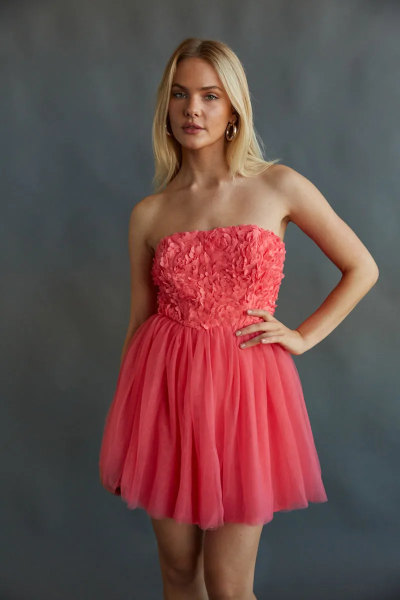 Grace Strapless Floral Applique Tulle Babydoll Mini Dress night glow