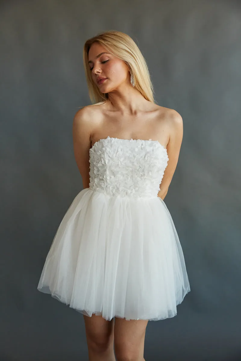 Grace Strapless Floral Applique Tulle Babydoll Mini Dress night glow