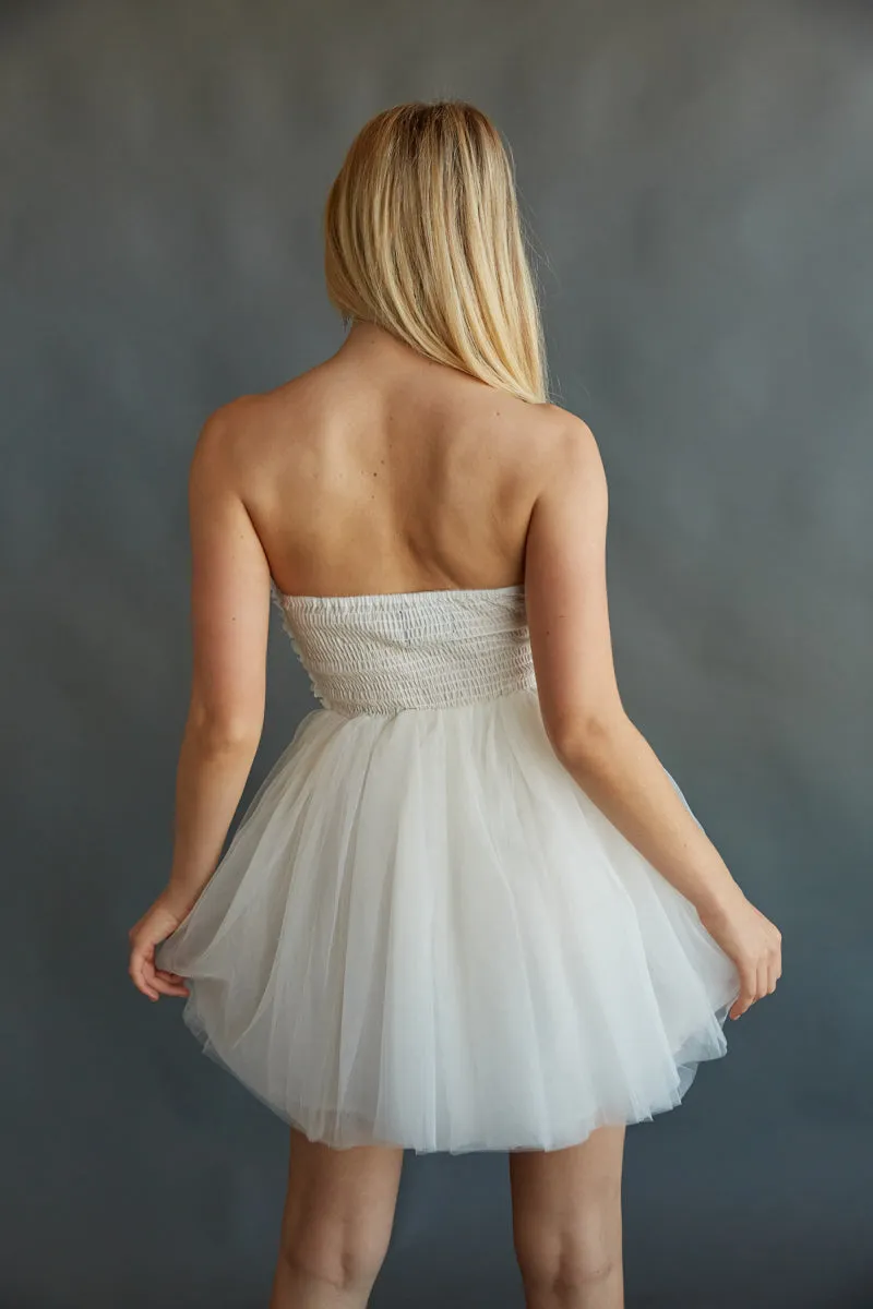 Grace Strapless Floral Applique Tulle Babydoll Mini Dress night glow