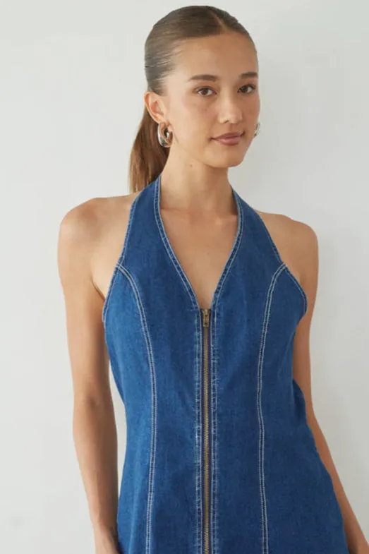 Graylee Halter Denim Mini Dress button ease