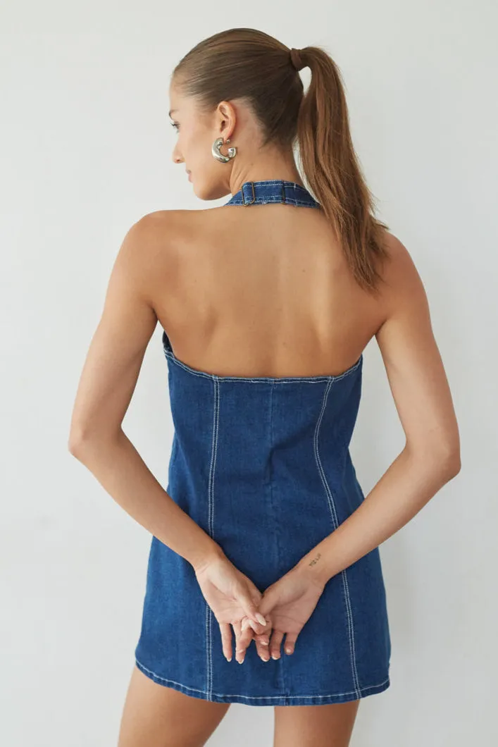 Graylee Halter Denim Mini Dress button ease