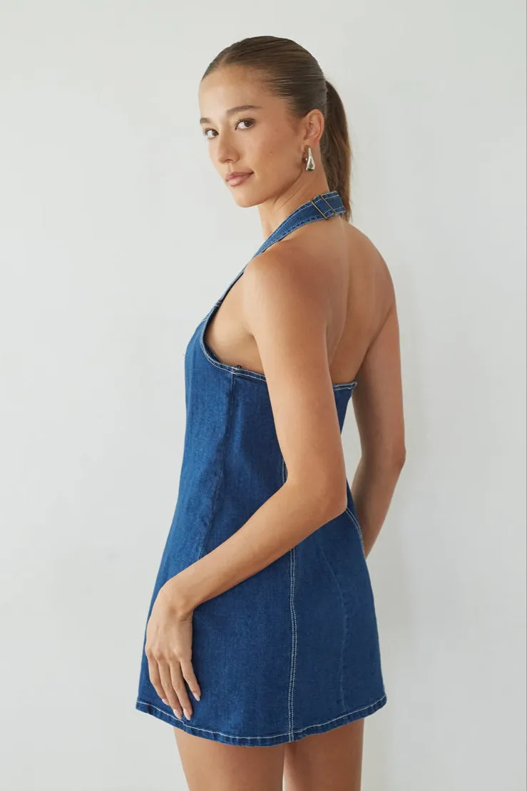Graylee Halter Denim Mini Dress button ease