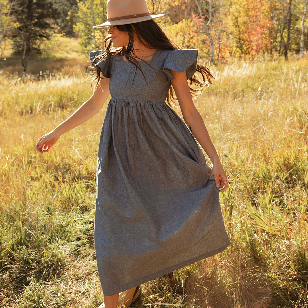 Hailey Maxi Dress, Black Chambray sheer veil