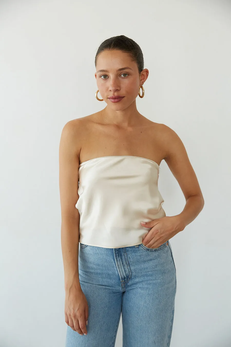 Hallie Strapless Open Back Satin Top desk mode