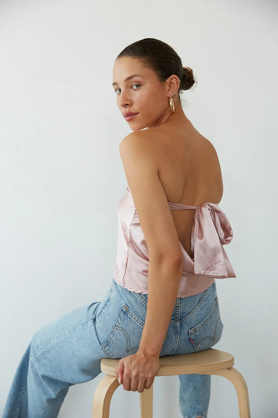 Hallie Strapless Open Back Satin Top desk mode