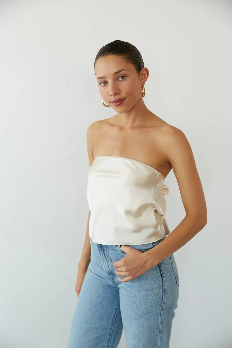 Hallie Strapless Open Back Satin Top desk mode