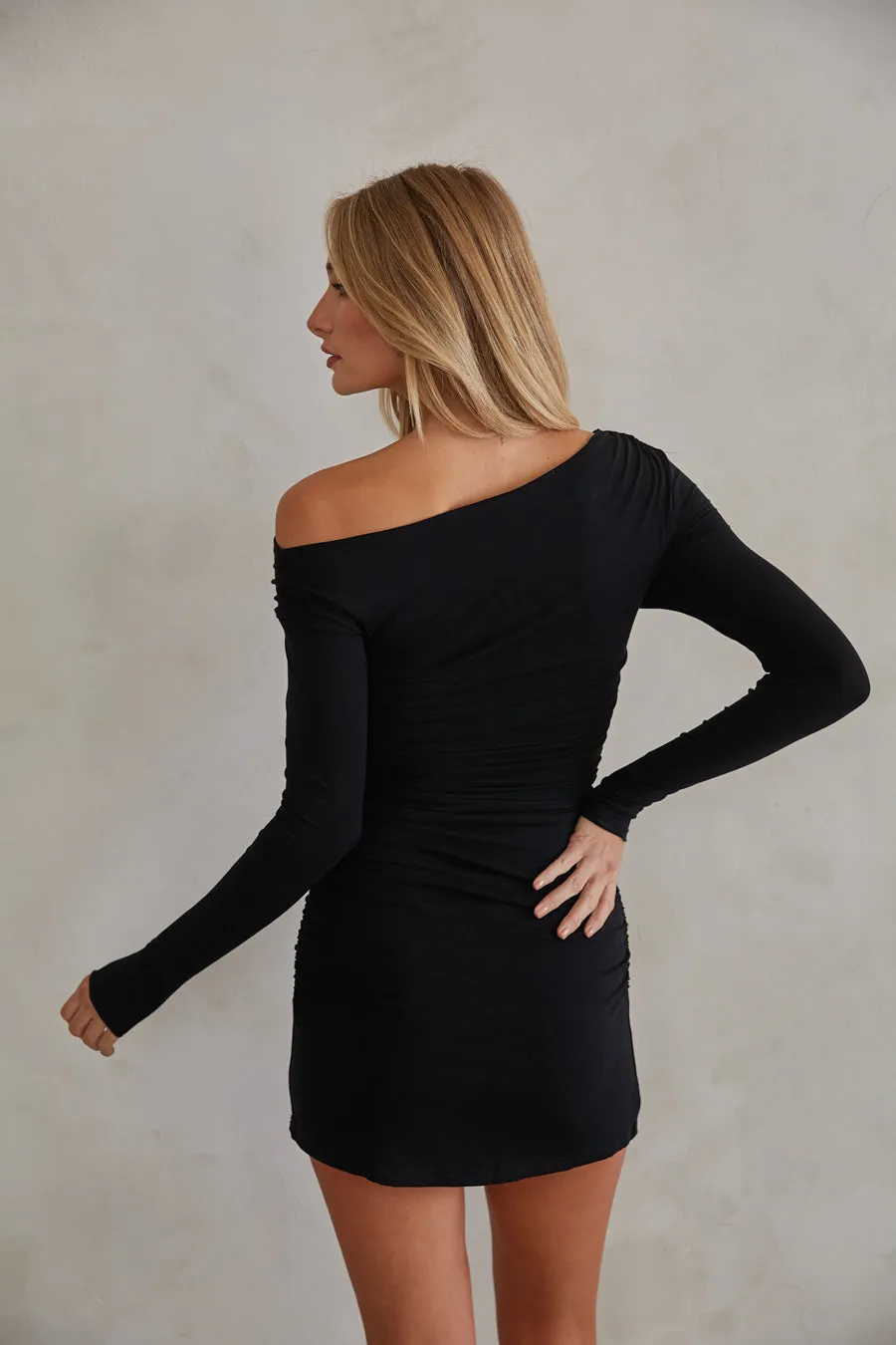 Isa Off the Shoulder Ruched Mini Dress sleeve ruffle