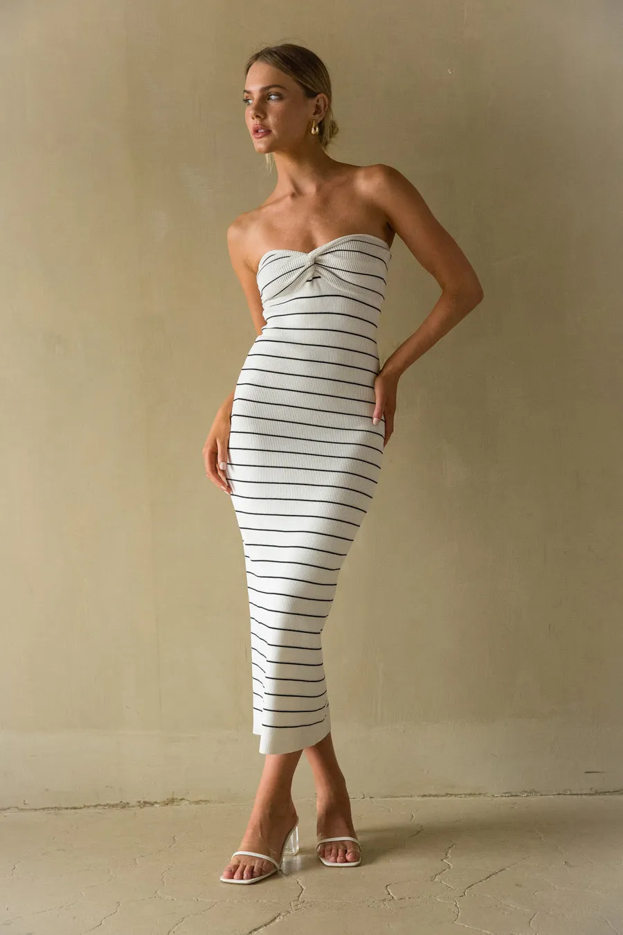 Jaclyn Strapless Twist Front Knit Midi Dress layer free