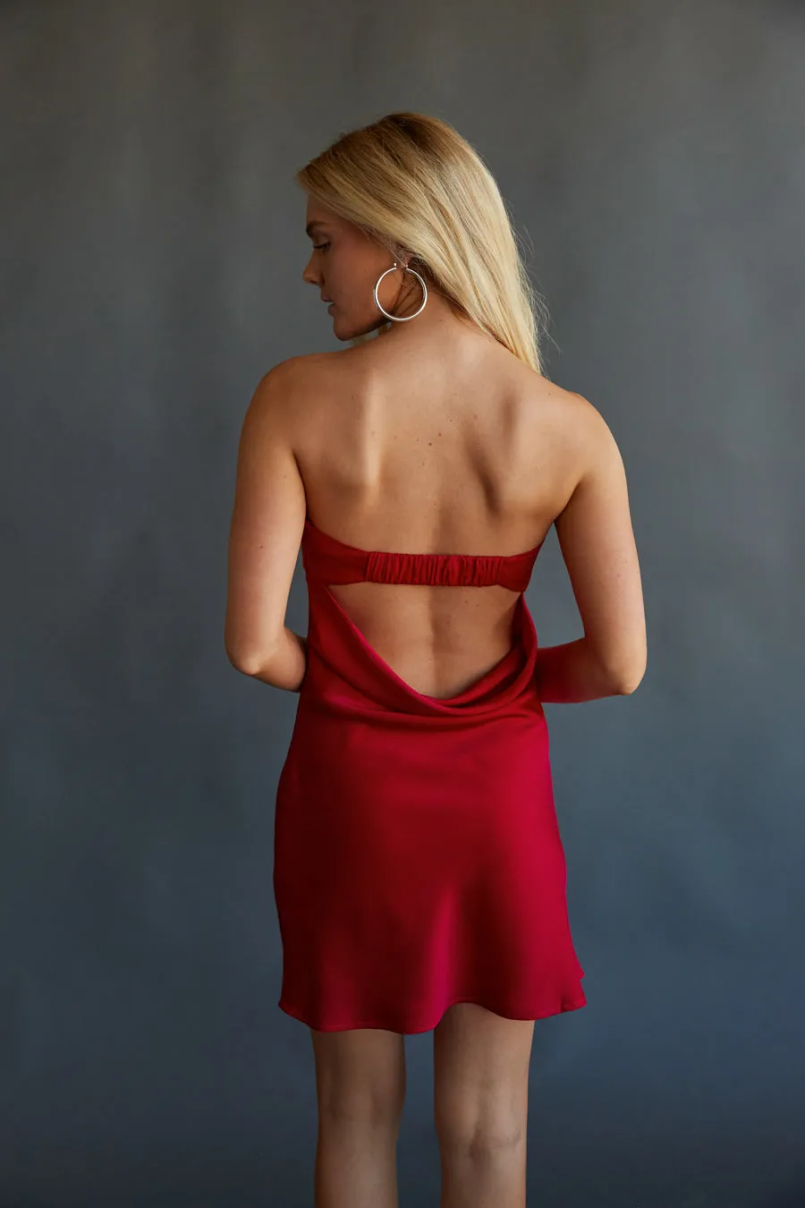 Josie Strapless Open Back Mini Dress pose queen