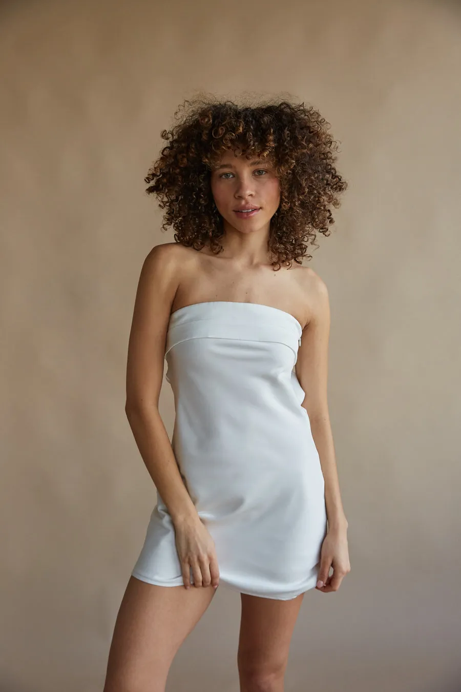 Josie Strapless Open Back Mini Dress pose queen
