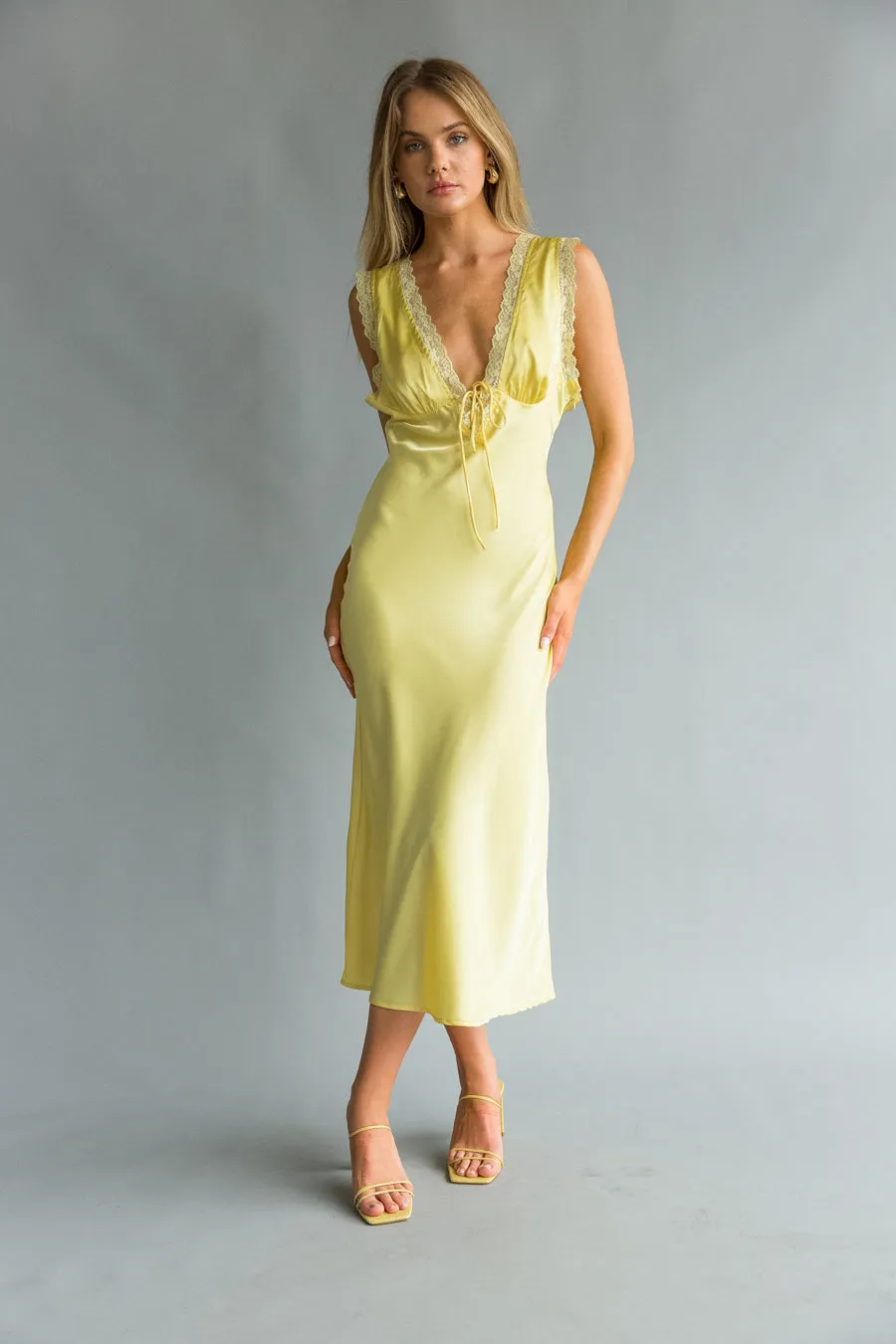 Juniper Lace Trim Satin Midi Slip Dress back tie
