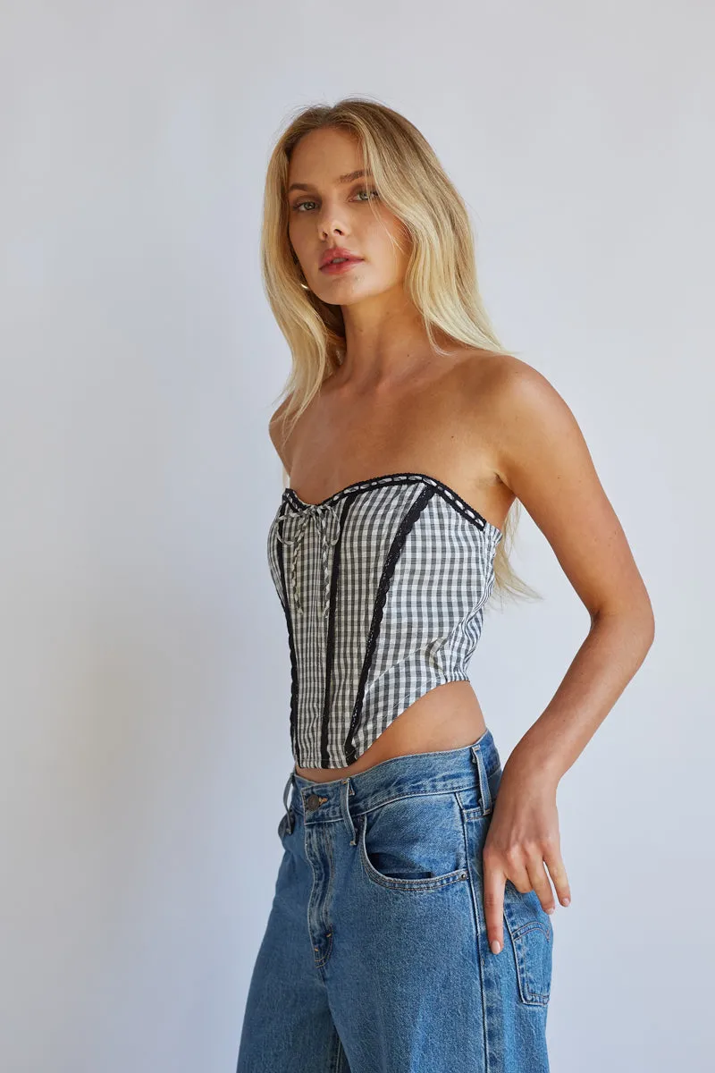 Kacey Lace Gingham Front Tie Corset no iron