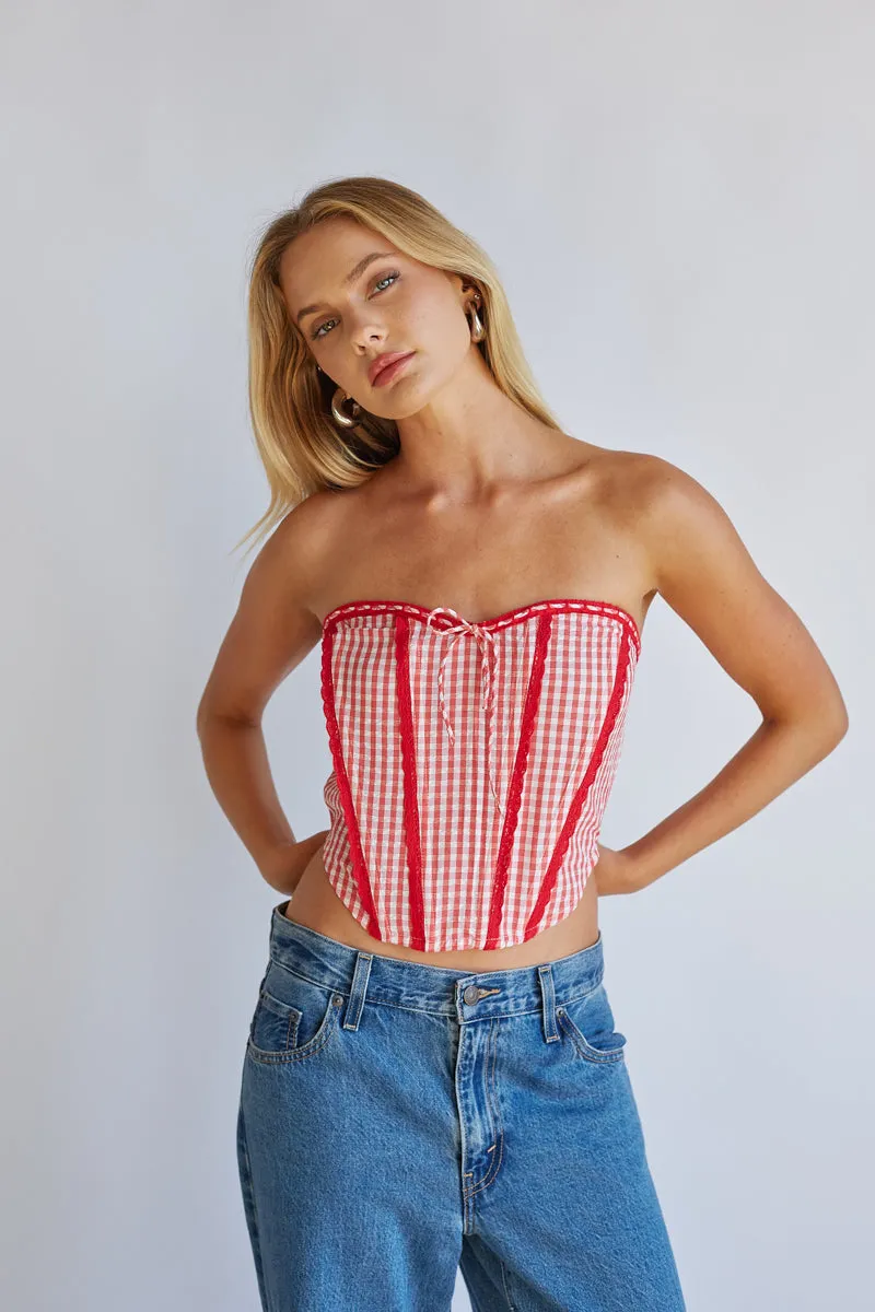Kacey Lace Gingham Front Tie Corset no iron