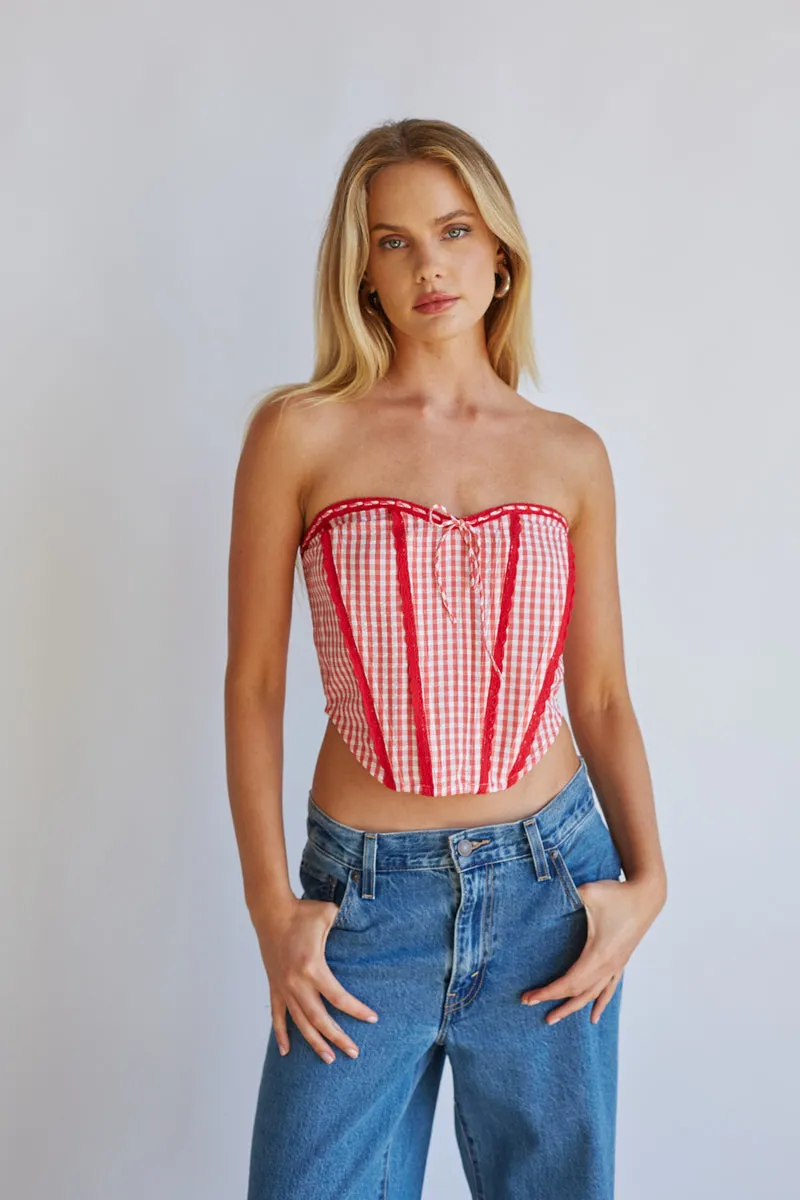 Kacey Lace Gingham Front Tie Corset no iron