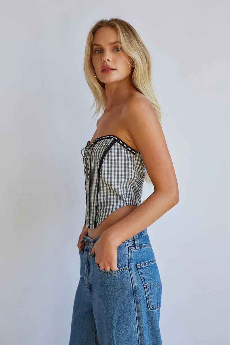 Kacey Lace Gingham Front Tie Corset no iron