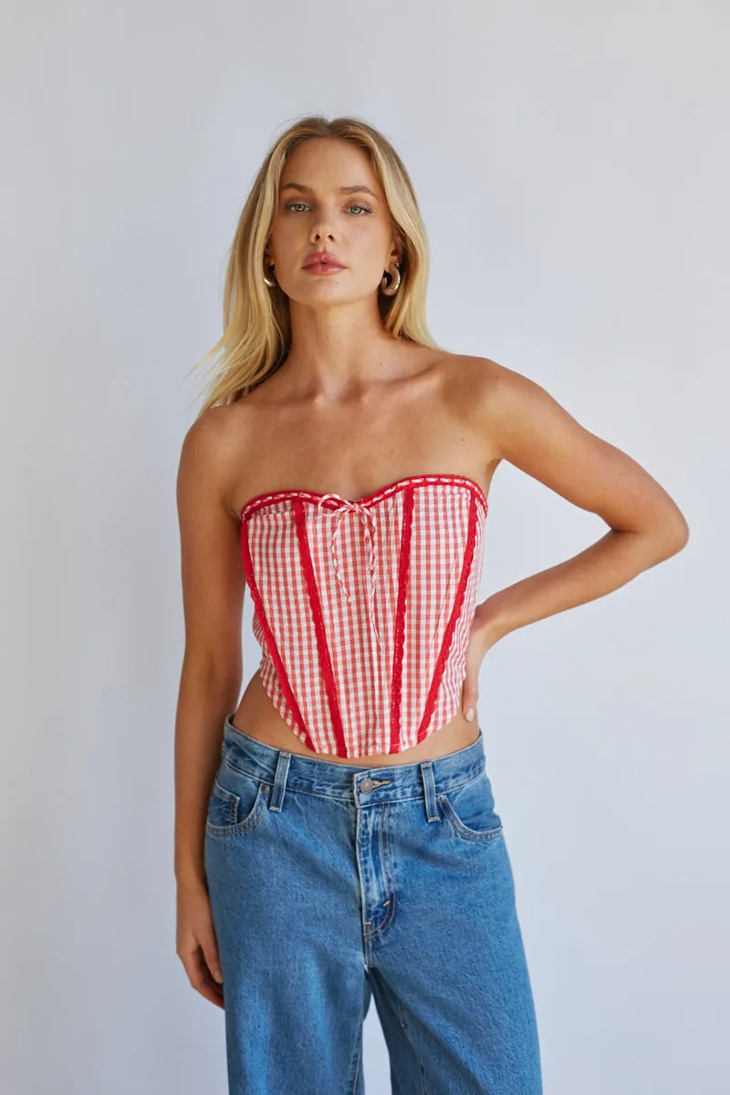 Kacey Lace Gingham Front Tie Corset no iron