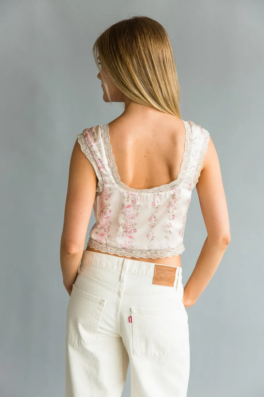Kaeli Lace Trim Floral Satin Top home ready