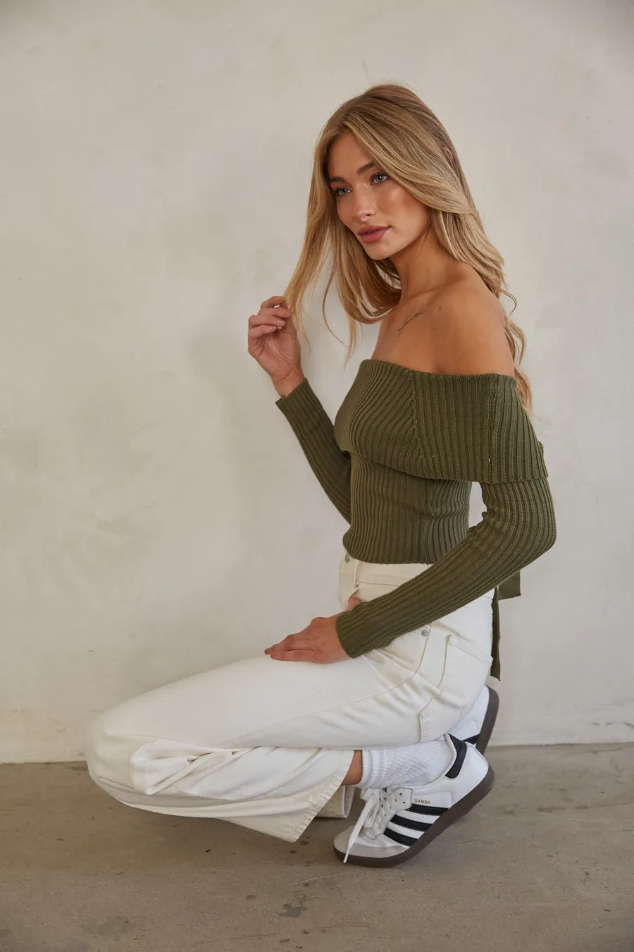 Kara Off the Shoulder Bow Back Sweater fresh feel