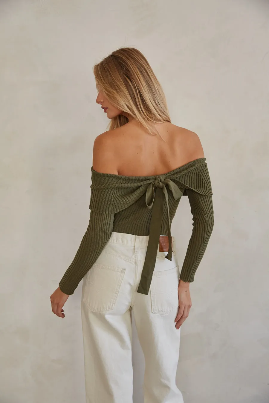 Kara Off the Shoulder Bow Back Sweater fresh feel