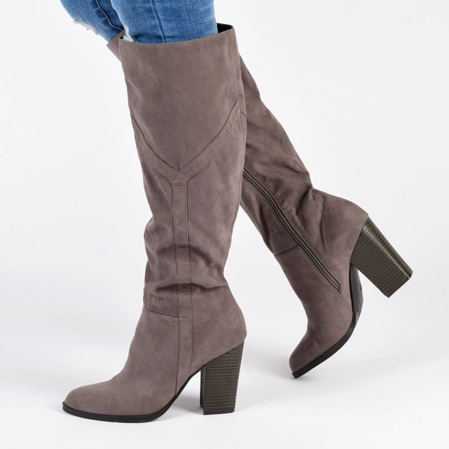 KYLLIE KNEE HIGH BOOTS IN FAUX SUEDE festival field